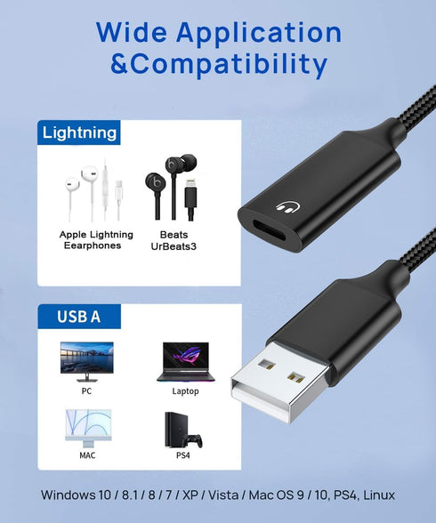 USB A to Lightning Female Audio Adapter, External Sound Card USB-A to Female Lightning Adapter HiFi Audio Headphones Converter Fit with USB A MacB...