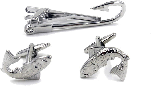 Fish Fisherman Fishing Hook Pair of Cufflinks & Tie Bar Clip...