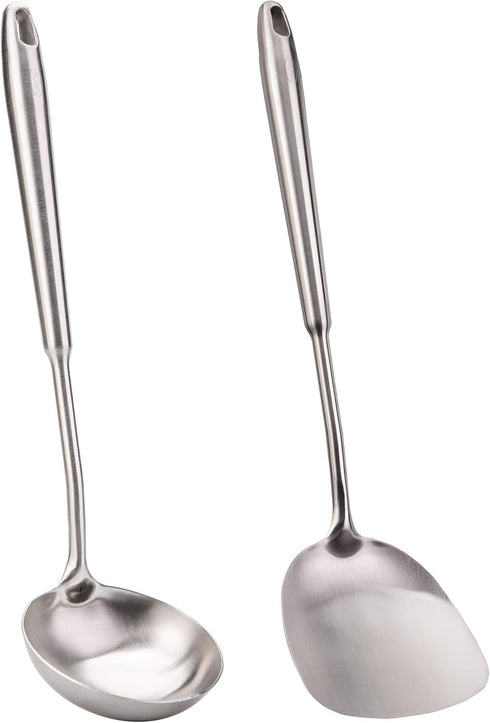FJNATINH Wok Spatula and Soup Ladle Set - 304 Stainless Steel Wok Utensil Tools Set, 2 Pieces All Metal Cooking Kitchen Utensils,Chinese Wok Acces...