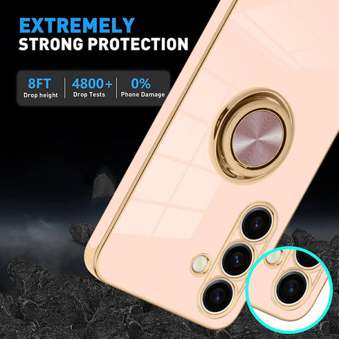 KANGHAR Galaxy S24 Case with Phone Ring Stand Full Body Protection Plated Rose Gold Edge Luxury Case for Samsung Galaxy S24-Pink...