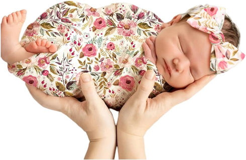 Receiving Blankets for Baby Girls Swaddle Blanket with Headband Set for 0-3 Month Cotton Knitted Newborn Swaddle Wrap Perfect Shower Gift (Pink Fl...