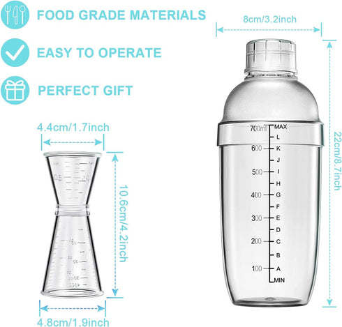 4 pcs Clear Cocktail Shaker Set 2 pcs Plastic bar Shaker with 2 pcs Plastic Cocktail Double Measuring Jigger...