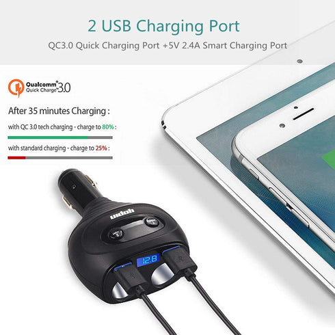 2 Sockets Cigarette Lighter Splitter, QC3.0+5V 2.4A Dual USB Car Charger, Separate Switch Voltage Display, 12/24V 80W Power Adapter Compatible iPh...