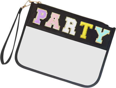 Jakiro Chenille Letter Clear Bag Zipper Pouch for Party, Preppy Makeup Bag Clear Cosmetic Toiletry Bag with Wrist Strap, Water-proof Makeup Travel...