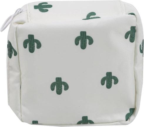 White Sanitary Napkin Storage Bag with Colorful Print Design Portable Zipper Menstrual Pad Bag Sanitary Napkins for Women Ladies,Cactus Bag with A...