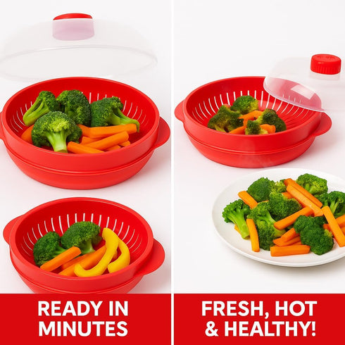 Microwave Steamer for Vegetables, Fish, Poultry & Rice – BPA-Free Healthy Oil-Free Cooking Container – Red – Dishwasher & Freezer Safe...