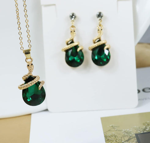 14K Gold Plated Drop Crystal Zircon Green Snake Pendant Necklace and Earring Jewelry Set...