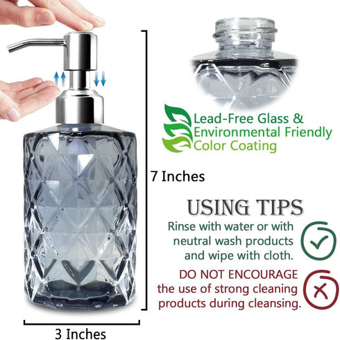 JASAI Diamond Design Glass Soap Dispenser with 304 Rust Proof Stainless Steel Soap Pump, 12 Ounce Kitchen Soap Dispenser for Bathroom, Hand Soap, ...