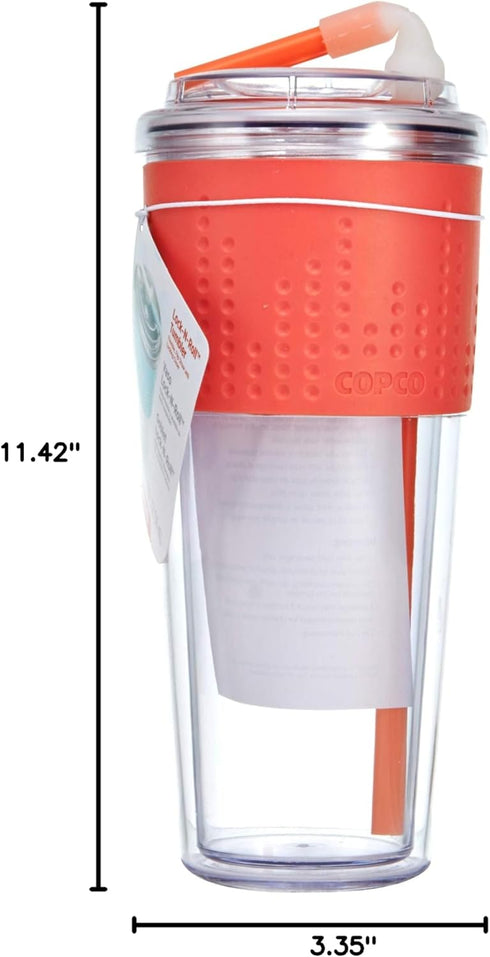 Copco Lock-n-Roll Double Wall Tritian Spill-Proof Tumbler with Soft Grip Sleeve and Patented Flip Up Straw, 20-Ounce, Coral...