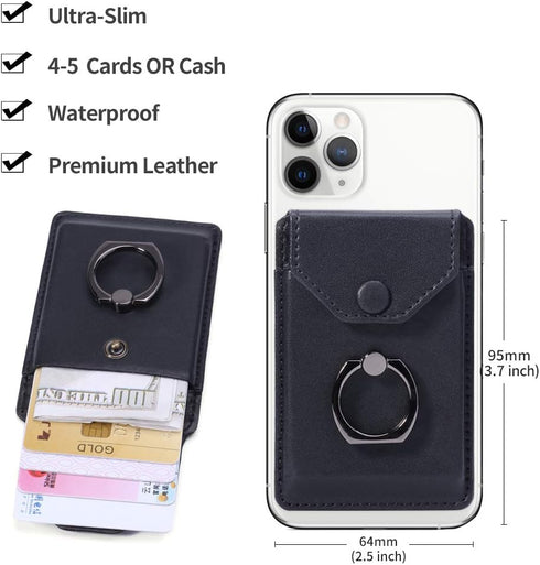Ring Stand Stick on Wallet Cell Phone Slim Leather Wallet Stick on Wallet Credit Card RFID Blocking Sleeve Black...