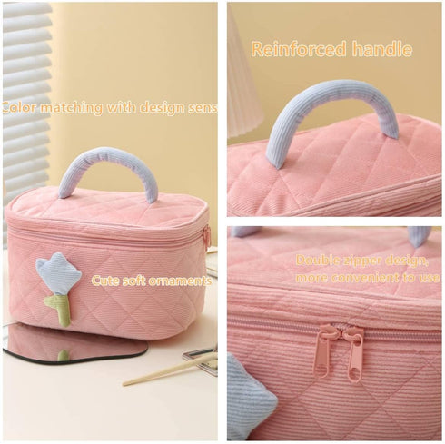 Cute Corduroy Makeup Bag Set of 2(Cream),Quilted Travel Cosmetic Organizer Bag with Tulips, Velvet Toiletry Bag with Portable Makeup Pouch for Wom...