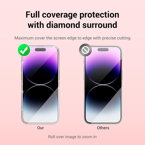 2024 Fashion iPhone 15/14pro Screen Protector, 2Pack Cute Tempered-Glass Film with Diamond For iPhone 15, Full-Coverage Protection, Best Gift Scra...