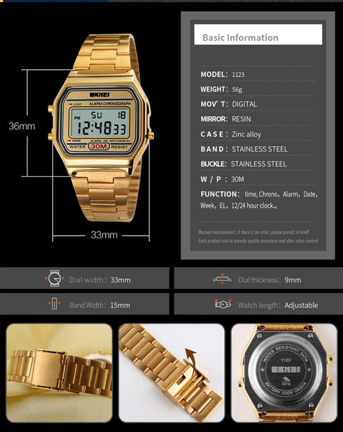 Men's Digital Gold Stainless Steel Watch Backlit Multifunction Stopwatch Waterproof Sport Watches...