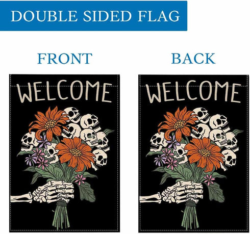 Halloween Garden Flag 12x18 Inch Double Sided Welcome Skull Flower Skeleton Gothic Spooky Halloween Decorations Outdoor Garden Flag Burlap for Sea...