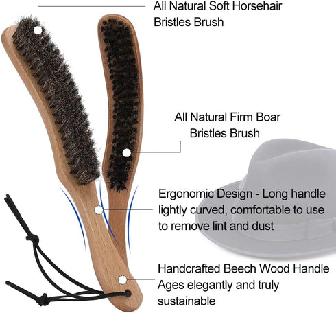 Hat Brush Combo Kit - Horsehair Felt Hat Brush Clean Cowboy Hat, Fedora Hat & Baseball Cap, Boar Bristle Lint Brush Remove Pet Hair Dust for Suits...