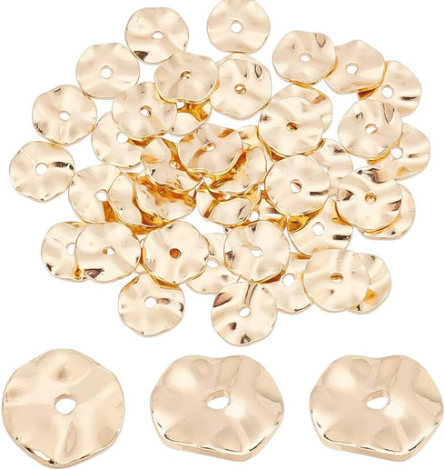 PH PandaHall 50PCS 14k Gold Plated Spacer Beads, 8mm Flat Round Metal Beads Brass Wavy Disc Beads Jewelry Loose Beads for DIY Bracelet Necklace Ea...