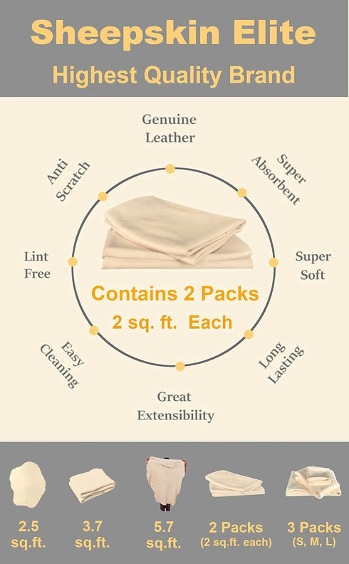 Chamois Drying Cloth Car Drying Towel Real Leather Super Absorbent Fast Drying Natural Chamois Car Wash Cloth Accessory (2 SQ Each, 4 SQ FT in Tot...