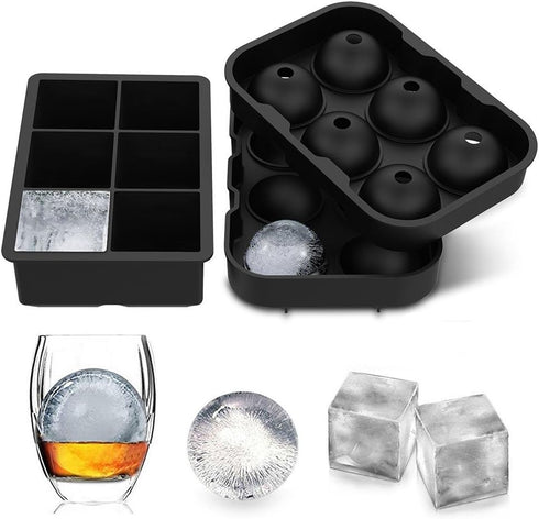Large Ice Cube Trays Ice Ball Maker with Lids Combo(Set of 2), Silicone Sphere & Square Flexible Ice Cube Molds for Cocktails, Whiskey, Juice and ...