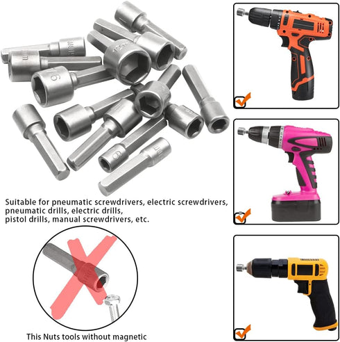 14Pcs Power Nut Driver Drill Bit Set Chrome-Vanadium Steel Quick Change Metric Socket Wrench Screw 1/4 inch Hex Shank Pneumatic Screw Sleeve House...