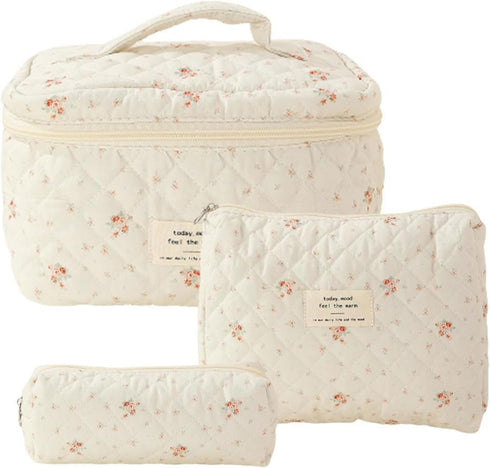 3Pcs Floral Quilted Makeup Bag, Aesthetic Makeup Bag Coquette Makeup Bag Set, Large Capacity Travel Cosmetic Bags for Women Girls (Flowers)...