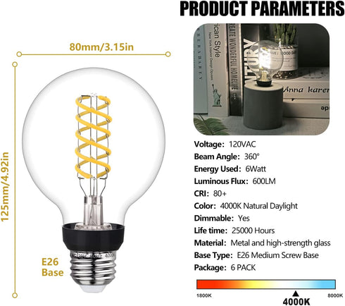 G25(G80) LED Globe Vintage Edison Bulbs, Antique Flexible Spiral LED Filament Light Bulb, 6W Equivalent to 60W, 600LM, Natural White 4000K, E26 Ba...
