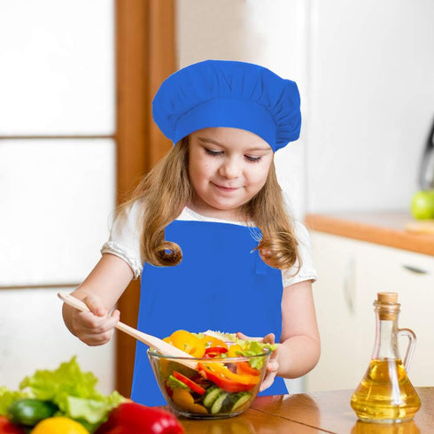 Kids Apron and Chef Hat Set, Adjustable Cotton Child Aprons with Large Pocket Blue Girls Boys Kitchen Bib Aprons for Cooking Baking Painting...