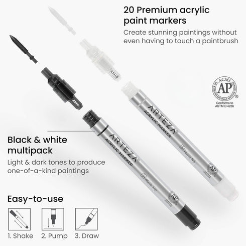ARTEZA Acrylic Paint Markers, Set of 20 Black & White Acrylic Paint Pens, Art Markers for Glass, Pottery, Ceramic, Plastic, Rocks, and Canvas...