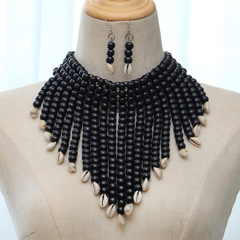 COLORFUL BLING Chunky Wooden Beaded Seed Bib Collar Necklace Boho Layered Africa Wood Shell Strand Choker Necklace Jewelry Set for Women...