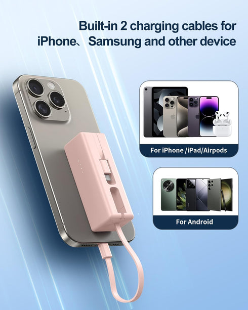 Mini Portable Charger Small Power Bank 5000mAh Battery Pack with Built-in USB C and LT Cables Ultra Compact Portable Charger for iPhone 15 14 13 1...