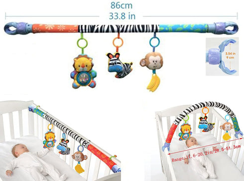 Baby Travel Play Arch Stroller/Crib Accessory,Cloth Animmal Toy and Pram Activity Bar with Rattle/Squeak/Teethers(Stripe)...