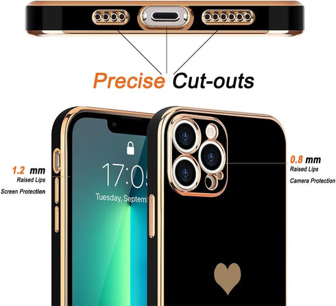 Teageo for iPhone 13 Pro Case for Women Girl Cute Love-Heart Luxury Bling Plating Soft Back Cover Raised Full Camera Protection Bumper Silicone Sh...