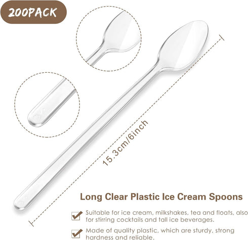 200 Pieces Long Clear Plastic Ice Cream Spoons 7.09 Inch Disposable Utensils Sundae Spoons Long Handle Spoon for Ice Cream, Milkshakes, Tea and Fl...