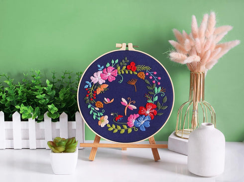 Embroidery Starter Kit for Beginners with Instructions, 3 Stamped Designs, 1 Bamboo Hoop, Thread Set, 9 Needles, Scissor, Threader, Seam Ripper......
