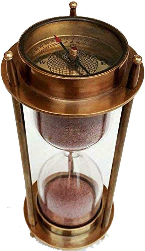 7 Nautical Brass Sand Timer Hourglass with Maritime Brass Compass Table Decorative by Hanzlacollection...