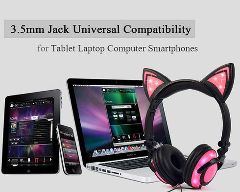 Kids Headphones with Cat Ears, LED Light Chargeable Earphones for Kids Teens Adults, Compatible for iPad, Tablet, Computer, Mobile Phone (Black&Pi...