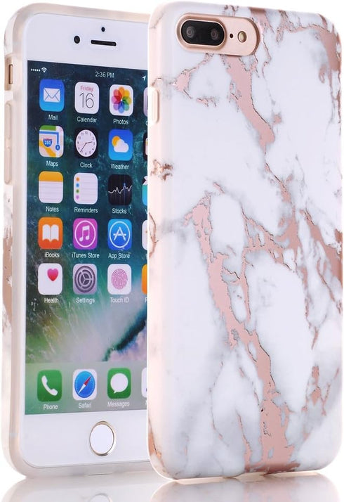 BAISRKE Shiny Rose Gold White Marble Design Clear Bumper Matte TPU Soft Rubber Silicone Cover Phone Case Compatible with iPhone 7 Plus iPhone 8 Pl...