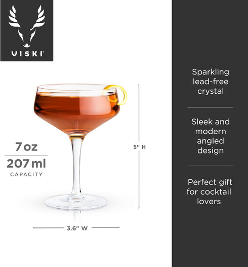 Viski Raye Angled Stemmed Crystal Coupe Cocktail Glasses, Champagne Coupe Glasses, Drinkware Set, Espresso Martini Glasses, Set of 2, 7oz...