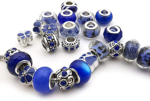 50pcs Assorted Dark Blue Resin Imitation Glass European Large Hole Beads Rhinestone Metal Spacer Charms Bead Assortments for DIY Crafts Bracelets ...
