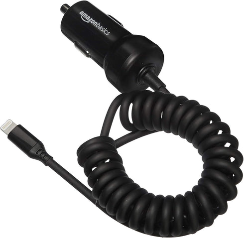 GiveAbay Basics 12W (5V, 2.4A) Car Charger with Lightning Cable (Coiled) for iPhone and Apple Devices, 1.5 ft - Black...