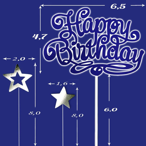 Blue Happy Birthday Cake Topper with 5 Silver-Gold Double Sided Stars Stars...