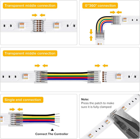 BTF-LIGHTING SMD 6 Pin 12mm 0.47in Width Transparent Connector Kit 8pcs Corner Connector 4pcs Gapless Solderless Connector 4pcs 5.9in Long 22AWG E...