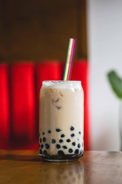 Reusable Boba Smoothie Straw Rainbow Metal Straws Wide Thick Fat Angled Tip Sharp End Straw for Milkshake Jumbo Bubble Tea Straws With Carry Case ...