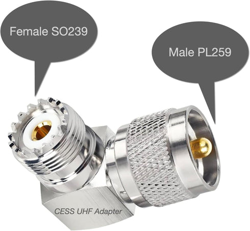 CESS UHF Right Angle Adapter L Shape 90 Degree RF Coax Connector for CB Radio, Nickel-Plated Housing, PL259 Male to SO239 Female, Gold-Plated Pin ...