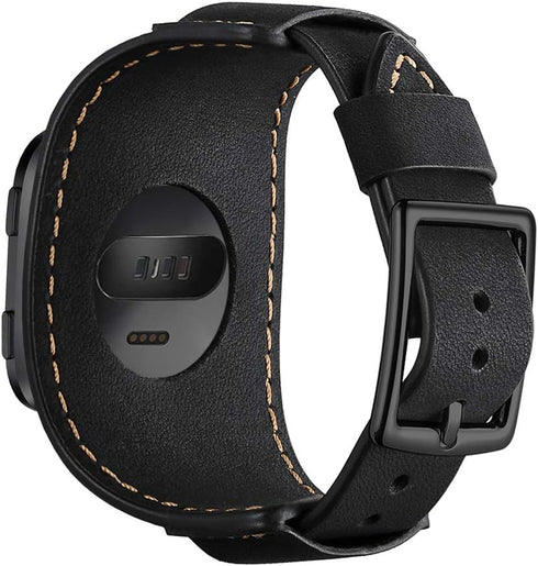 Compatible Fitbit Versa Bands, Genuine Leather Cuff Bracelet Replacement Strap with Stainless Steel Buckle for Men Women (Black)...