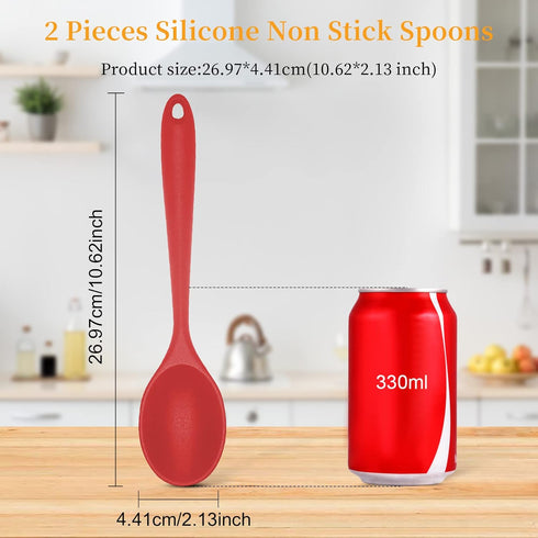 2 Pcs Silicone Nonstick Mixing Spoon, Silicone Spoons for Cooking Heat Resistant, Cooking Utensil for Kitchen Cooking Baking Stirring Serving (Red...