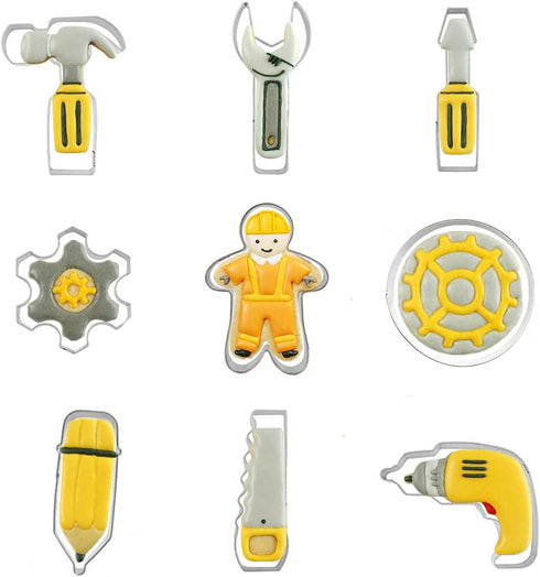 Mini Construction Tools Cookie Cutters Set of 9 pcs, Stainless Steel Mini Hardware Tools Series Shaped Fondant Baking Molds For Father's Day...