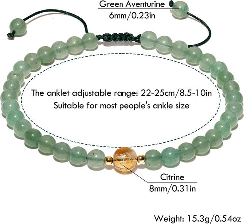 Green Aventurine/Citrine Beaded Anklet Bringing Good Luck and Wealth Handmade Ankle Bracelets for Women Adjustable (8.5-10in)...