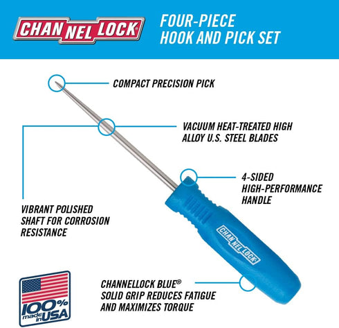 CHANNELLOCK HP-4ECP 4pc Hook & Pick Set, Made in USA, Includes 180-degree Full Hook, Straight Pick, 90-degree Pick and Complex Probe, Remove Small...