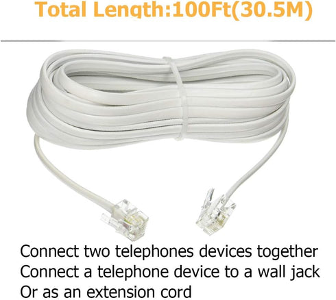 Uvital 100 Feet Telephone Landline Extension Cord Cable Line Wire with Standard RJ-11 6P4C Plugs(White 30.5M,1Pack)...