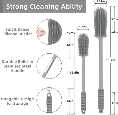 Silicone Bottle Cleaning Brush | 2 Pack| 15.7”+12.6” Water Bottle Brush Cleaner Brush for Hydro Flask,Glassware,Vacuum Sports Bottle&Vases,Water B...